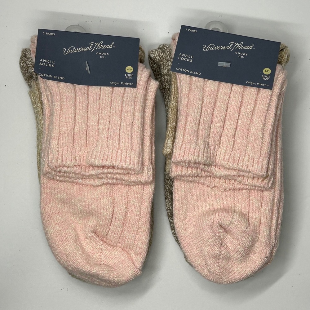 Universal‎ Thread 6 Pairs Ankle Socks Cotton Blend Shoe Size 4-10 Pink Tan Brown
